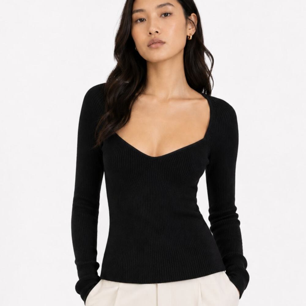 Oak + Fort Ribbed Long Sleeve Sweetheart Top Black Size S